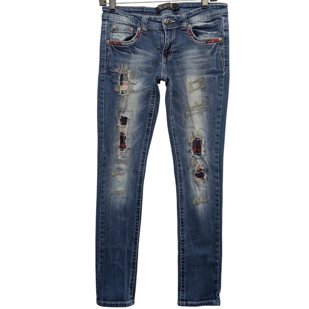Premiere by rue21 Skinny Jeans Women 5/6R Blue Distressed Plaid Patches